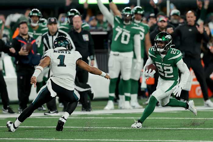 The three interceptions that Jalen Hurts threw against the New York Jets is tied for his career high.